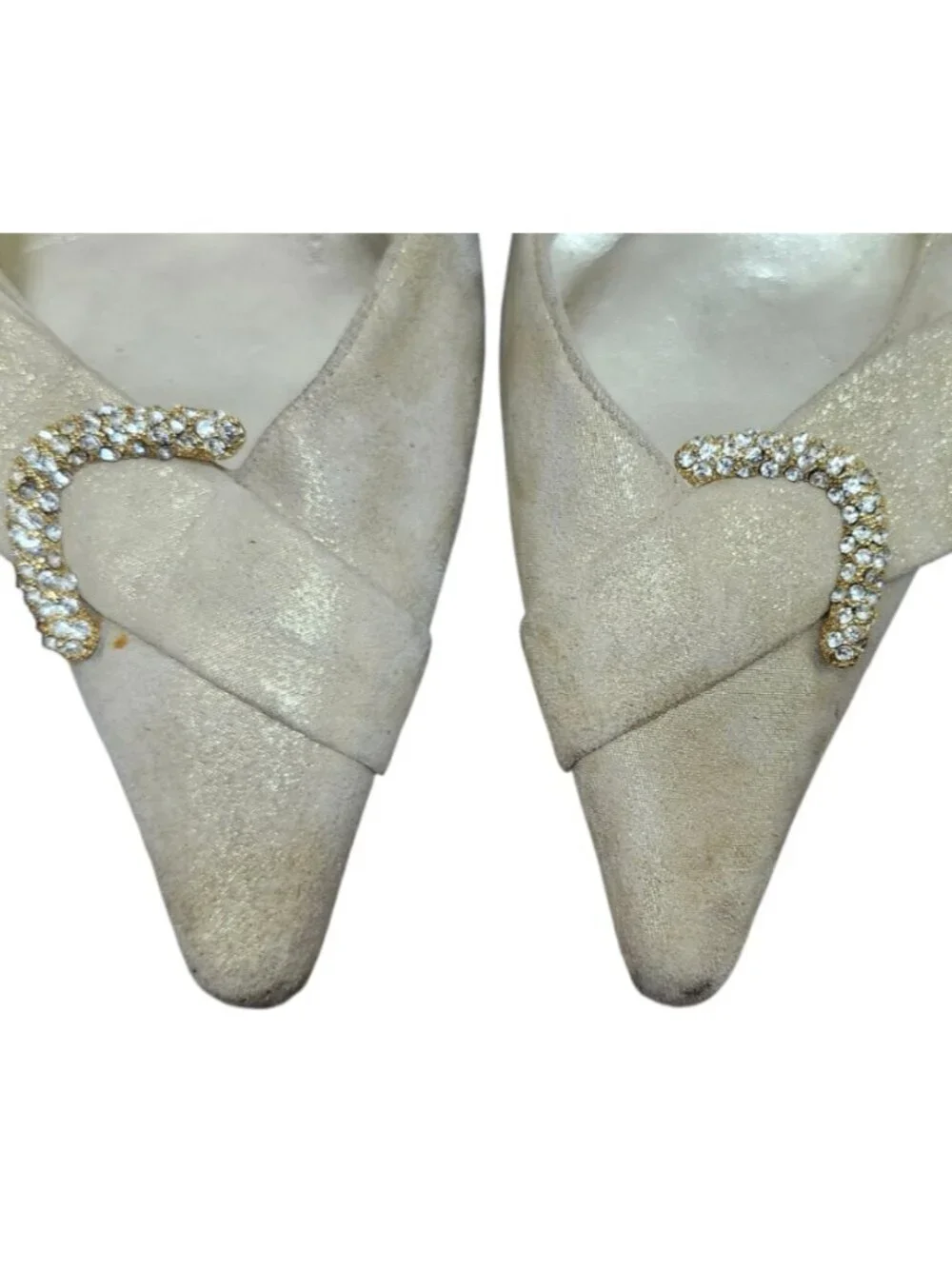 Stuart Weitzman Slingback Heels Beige Suede Rhinestone Buckle Pointed Toe US 8 M